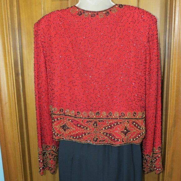 Laurence Kazar Red/Gold/Black Beaded Top Jacket Crop Silk Evening Formal Size XL - Picture 5 of 10
